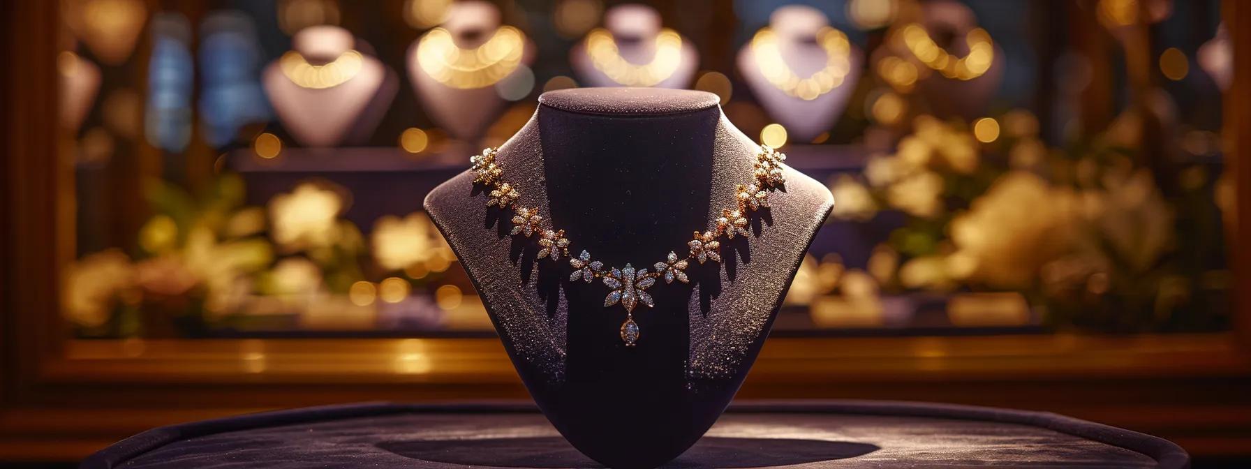 a stylishly arranged display featuring an elegant statement necklace against a sophisticated backdrop of velvet fabric in an upscale boutique, drawing attention to its shimmer and intricate design.