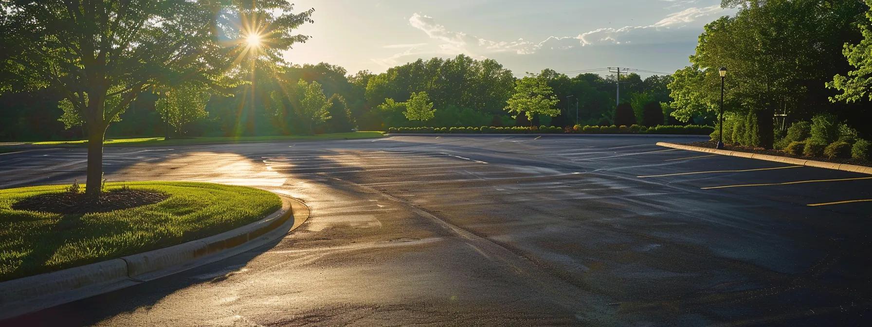 a sun-drenched asphalt parking lot glistens after a fresh resealing, showcasing its smooth, dark surface surrounded by vibrant greenery, symbolizing sustainable maintenance practices. a sun-drenched asphalt parking lot glistens after a fresh resealing, showcasing its smooth, dark surface surrounded by vibrant greenery, symbolizing sustainable maintenance practices.