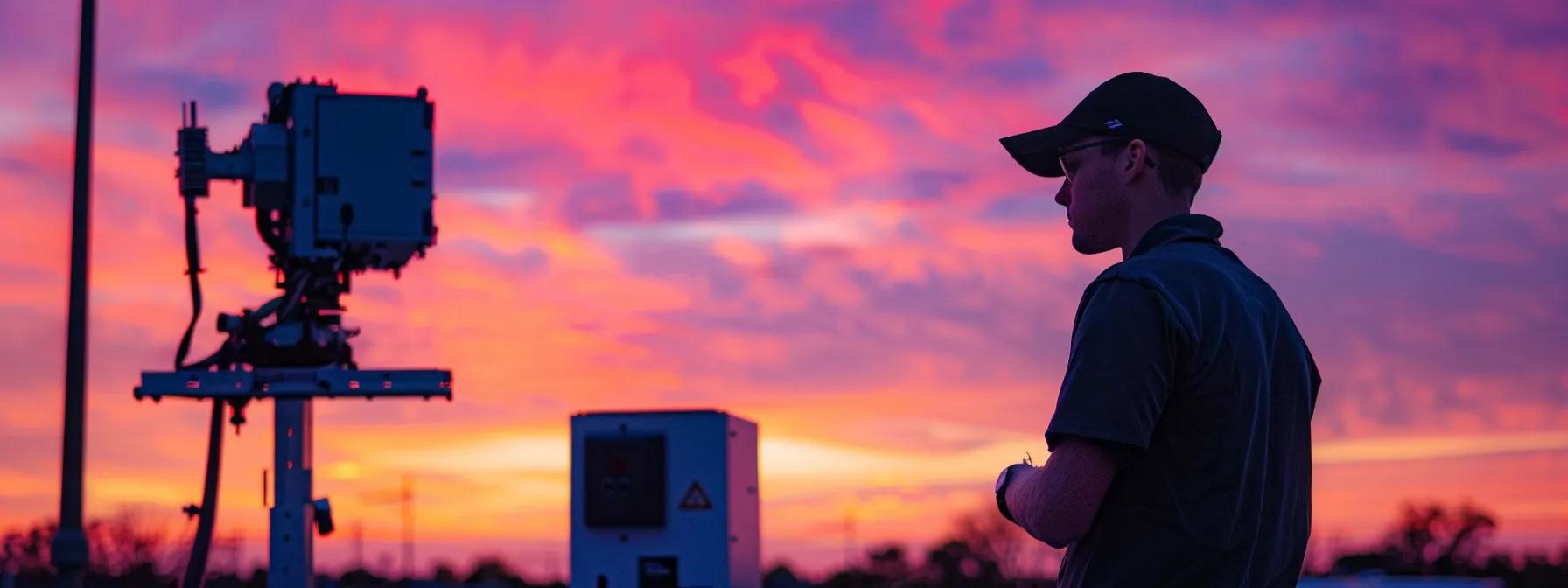 a technician carefully calibrating an advanced ai-powered solar tracking system against a vibrant sunset backdrop, embodying the precise and cutting-edge nature of overcoming challenges in ai deployment for solar tracking. a technician carefully calibrating an advanced ai-powered solar tracking system against a vibrant sunset backdrop, embodying the precise and cutting-edge nature of overcoming challenges in ai deployment for solar tracking.