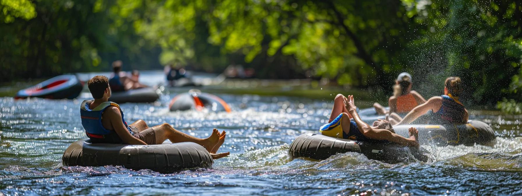 a tense river tubing scene captures a group of individuals on inflatable tubes, visibly struggling to stay afloat, with alarmed expressions and splashing water, set against a bustling and crowded tubing spot, emphasizing the dangers of alcohol consumption in this high-risk setting.