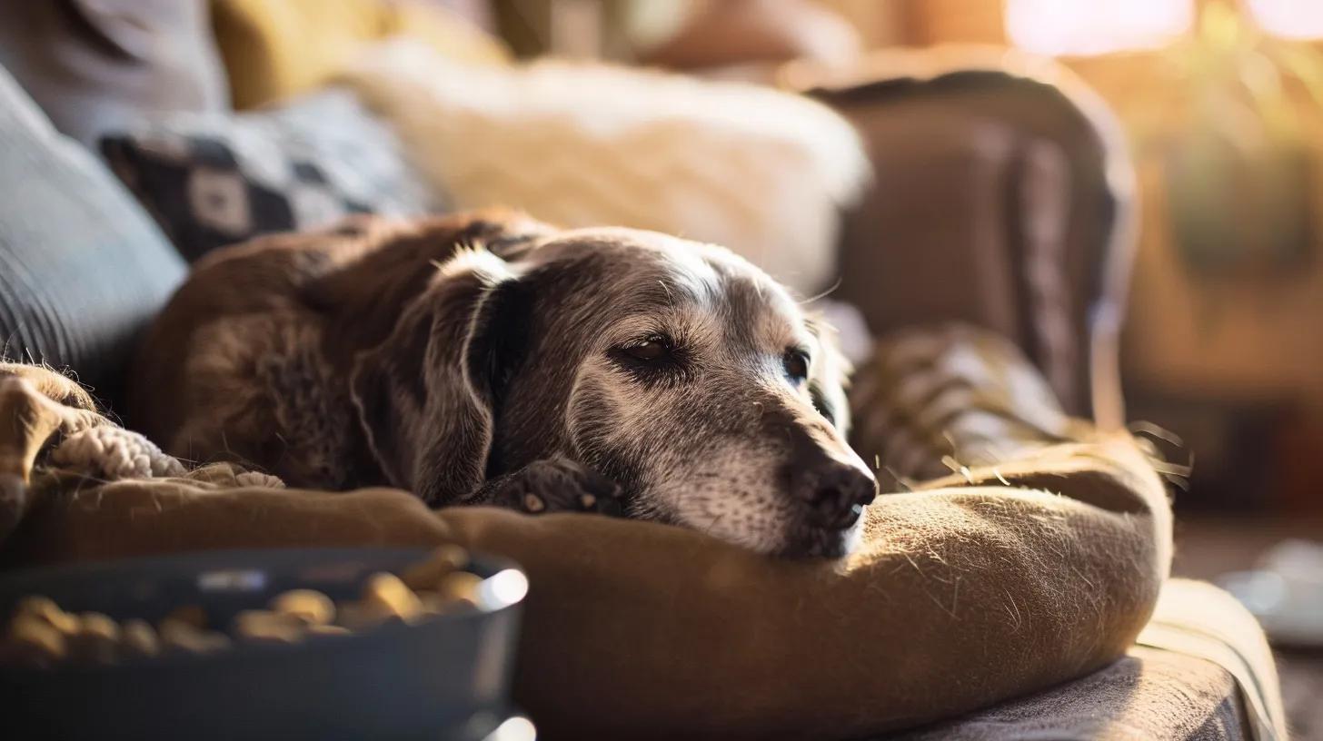 a thoughtful senior dog rests on a plush dog bed in a cozy living room, showcasing signs of age with a graying muzzle and weary eyes, as a bowl of specially formulated senior dog food sits nearby, highlighting the importance of tailored nutrition for aging pets. a thoughtful senior dog rests on a plush dog bed in a cozy living room, showcasing signs of age with a graying muzzle and weary eyes, as a bowl of specially formulated senior dog food sits nearby, highlighting the importance of tailored nutrition for aging pets.