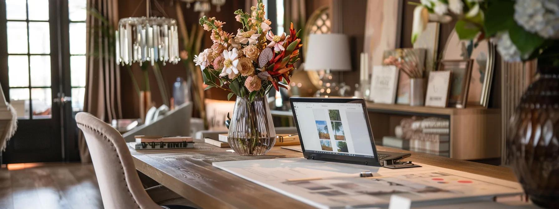 a thoughtfully designed wedding planning workspace, featuring an elegant table adorned with fabric swatches, floral arrangements, and a laptop displaying venue options, all set against a chic indoor backdrop that exudes sophistication and inspiration.