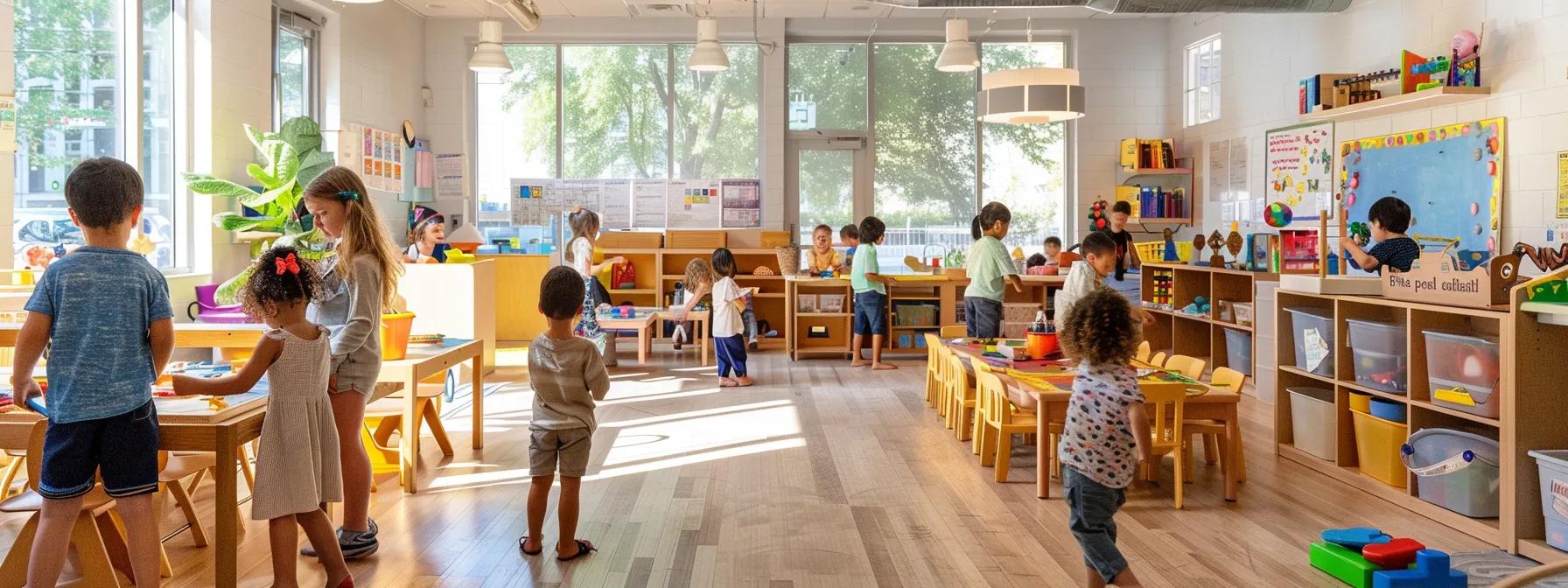 a vibrant and interactive classroom filled with children engaged in diverse play-based learning activities, showcasing various educational tools and toys that promote holistic child development in an inviting, bright indoor environment. a vibrant and interactive classroom filled with children engaged in diverse play-based learning activities, showcasing various educational tools and toys that promote holistic child development in an inviting, bright indoor environment.
