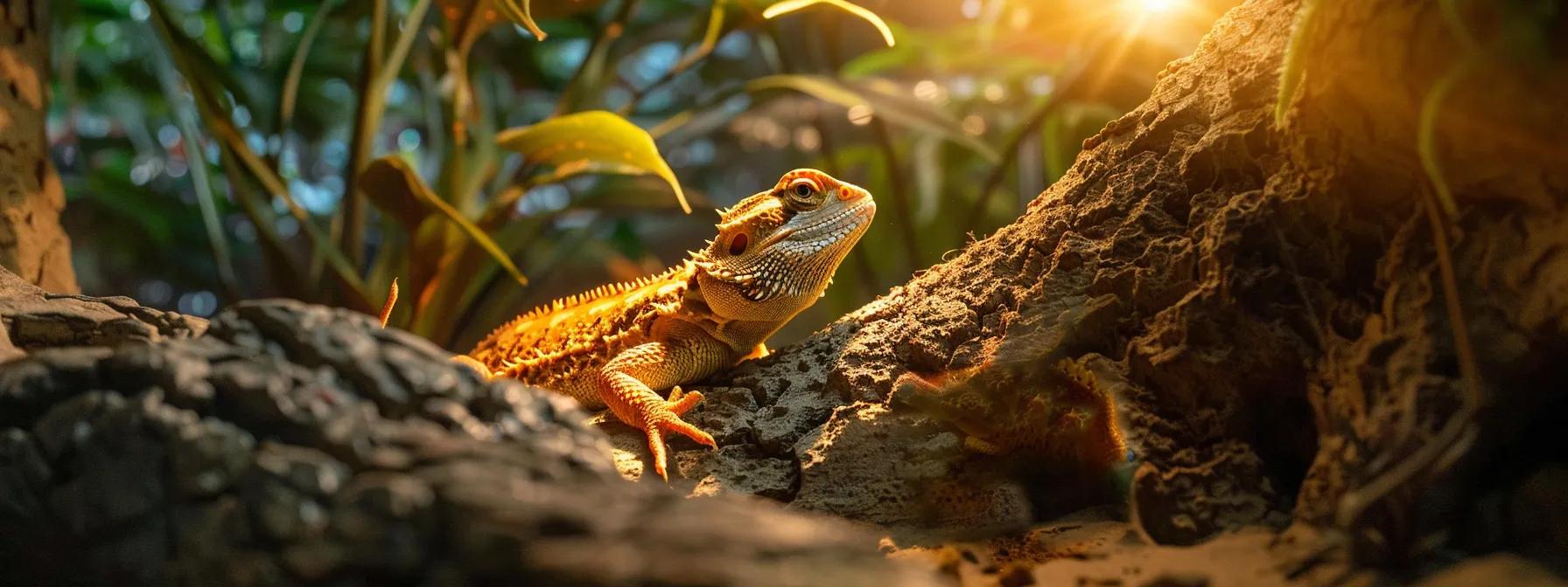 a vibrant and meticulously arranged indoor terrarium featuring a healthy bearded dragon sipping from a shallow water dish, illuminated by a warm spotlight that highlights the reptile’s textured scales against a backdrop of stone and sand substrates. a vibrant and meticulously arranged indoor terrarium featuring a healthy bearded dragon sipping from a shallow water dish, illuminated by a warm spotlight that highlights the reptile’s textured scales against a backdrop of stone and sand substrates.