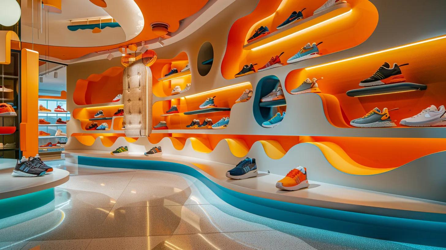 a vibrant and modern children’s shoe display in a sleek retail setting, showcasing various pairs with distinct features like arch support, flexible design, and colorful cushioning elements, all arranged to highlight their secure closures and quality materials. a vibrant and modern children’s shoe display in a sleek retail setting, showcasing various pairs with distinct features like arch support, flexible design, and colorful cushioning elements, all arranged to highlight their secure closures and quality materials.