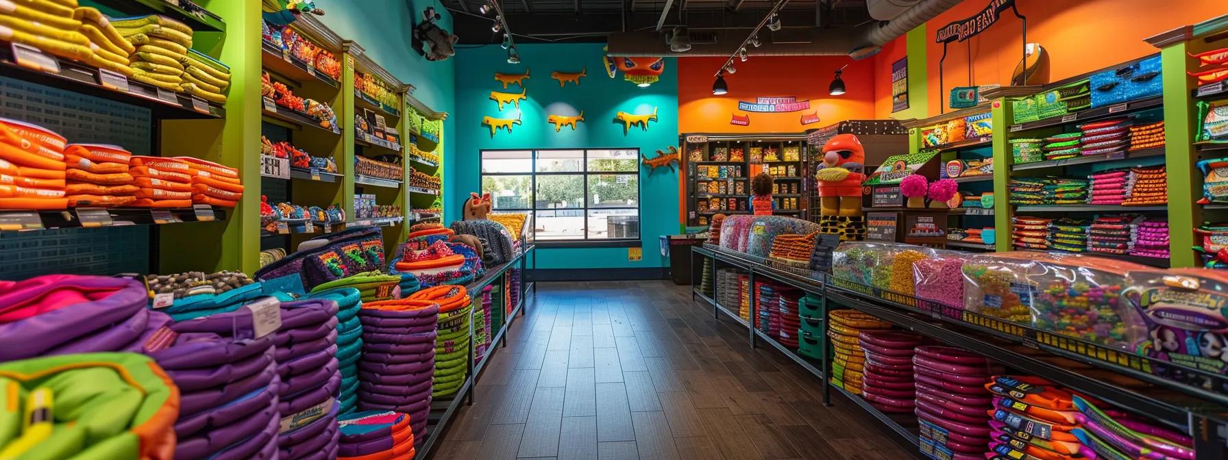 a vibrant and organized pet supply store interior showcases a prominent display of durable chew toys made from various materials, emphasizing their durability and safety while catering to different types of aggressive and mild chewers.