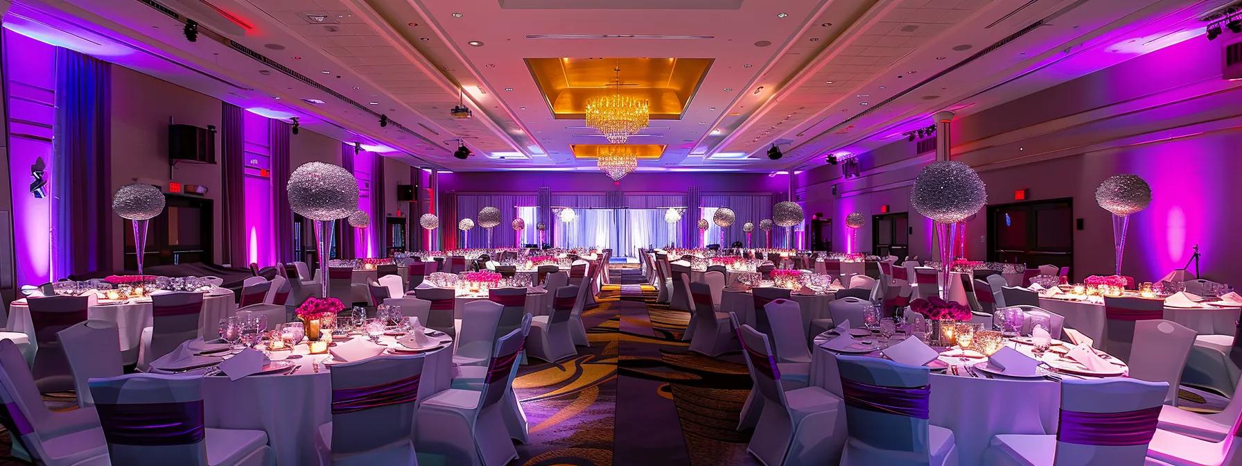 a vibrant banquet hall in laval, elegantly set up for a diverse range of events, showcasing versatile seating arrangements, colorful decorations, and sophisticated lighting that highlights the festive atmosphere.
