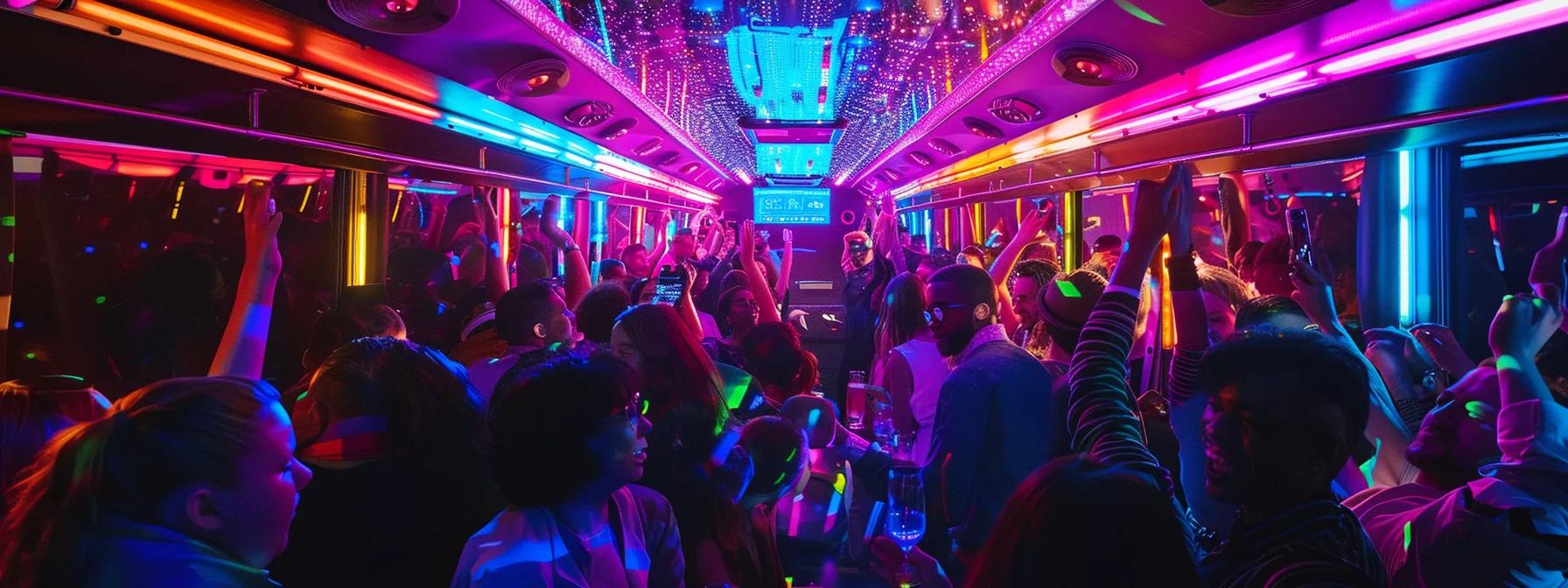 a vibrant, bustling party bus interior filled with lively guests enjoying music and drinks, with a colorful light display and a well-organized itinerary displayed prominently on a digital screen. a vibrant, bustling party bus interior filled with lively guests enjoying music and drinks, with a colorful light display and a well-organized itinerary displayed prominently on a digital screen.