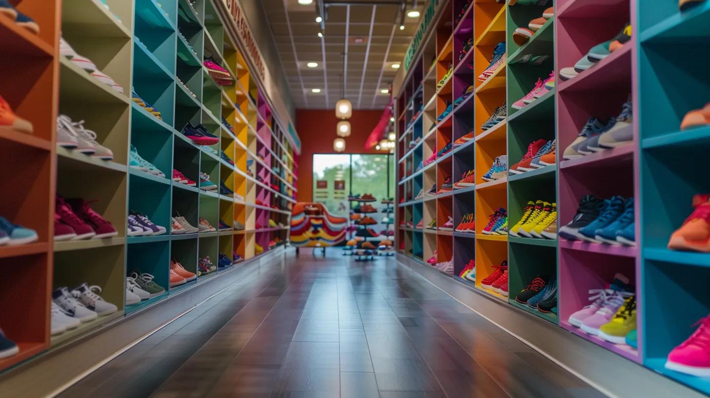 a vibrant children's shoe store displays a diverse array of colorful footwear, each section distinctly organized by age group and activity, emphasizing the importance of proper support for developing feet. a vibrant children's shoe store displays a diverse array of colorful footwear, each section distinctly organized by age group and activity, emphasizing the importance of proper support for developing feet.