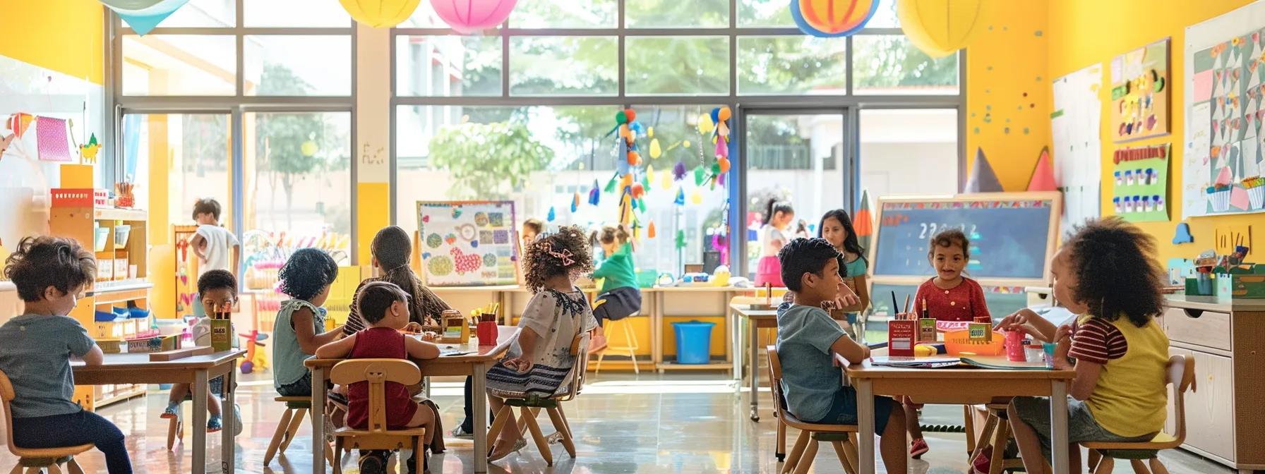 a vibrant classroom filled with diverse children engaged in various play-based learning activities, each station showcasing hands-on exploration, thematic learning, and creative expression, all enhanced by bright, colorful educational materials and supportive environments. a vibrant classroom filled with diverse children engaged in various play-based learning activities, each station showcasing hands-on exploration, thematic learning, and creative expression, all enhanced by bright, colorful educational materials and supportive environments.