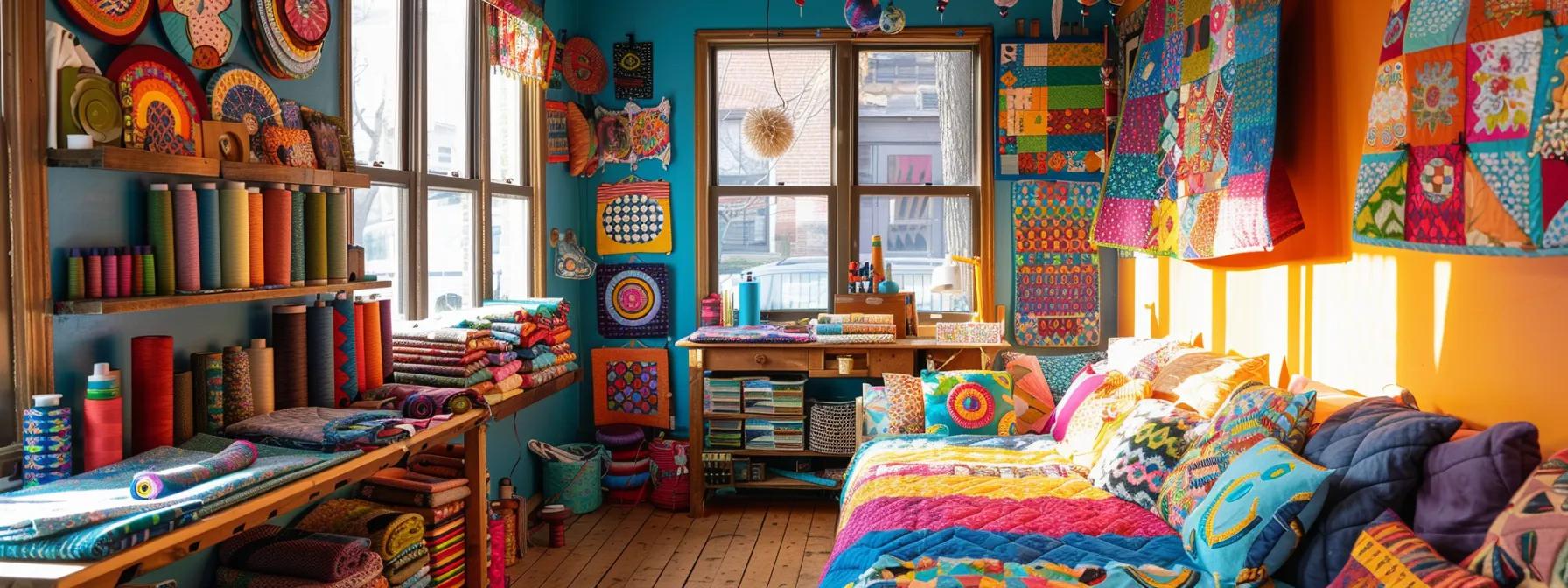 a vibrant, cluttered sewing studio filled with colorful patchwork fabric swatches and an inspiring array of quilt patterns displayed on the walls, showcasing a creative atmosphere perfect for beginners exploring the art of patchwork.