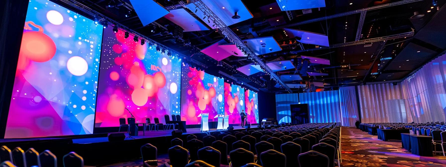 a vibrant conference setup in australia showcases large, high-resolution led screens displaying dynamic visuals, surrounded by professional av equipment and eager attendees in a well-lit indoor venue.