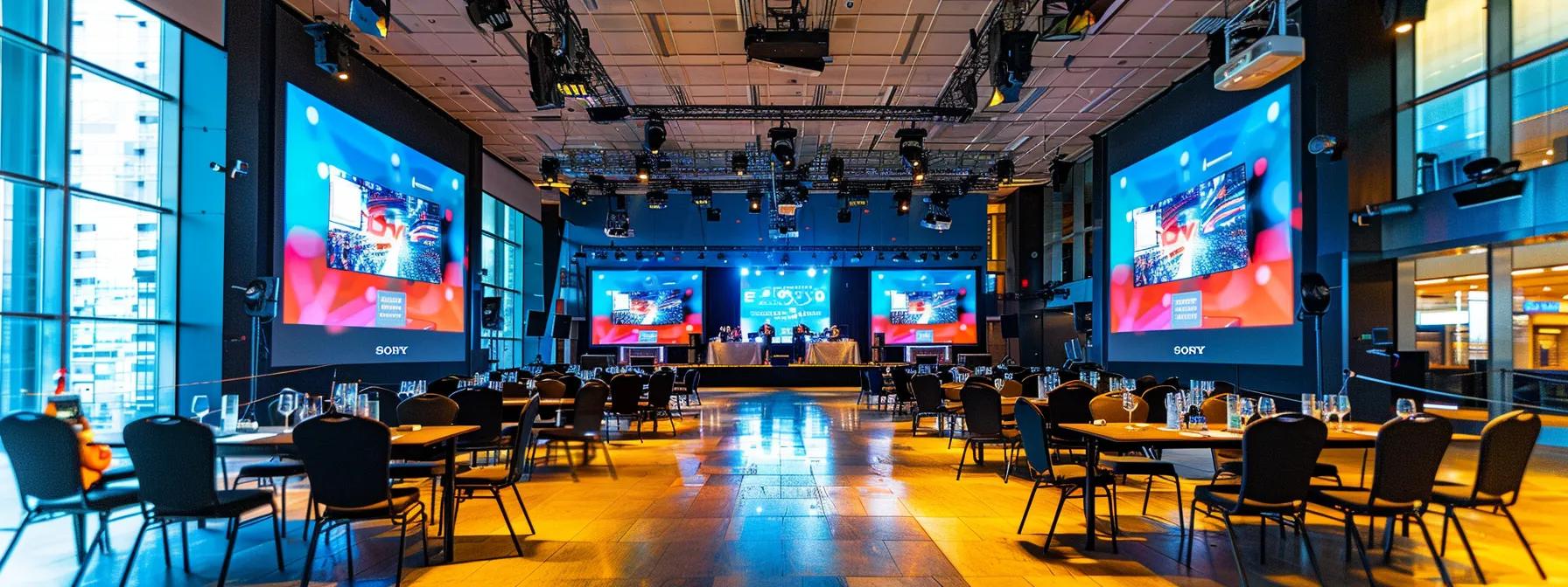 a vibrant conference setup in a sleek urban venue, featuring large led screens displaying dynamic visuals and a professional audio-visual team preparing equipment, all infused with a bustling atmosphere of excitement and engagement. a vibrant conference setup in a sleek urban venue, featuring large led screens displaying dynamic visuals and a professional audio-visual team preparing equipment, all infused with a bustling atmosphere of excitement and engagement.