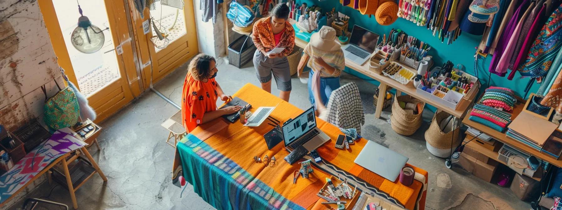 a vibrant crafting workspace filled with diverse materials and tools, showcasing crafters collaborating with laptops open, surrounded by colorful fabrics and supplies while engaged in animated discussions about sourcing strategies and community-driven projects. a vibrant crafting workspace filled with diverse materials and tools, showcasing crafters collaborating with laptops open, surrounded by colorful fabrics and supplies while engaged in animated discussions about sourcing strategies and community-driven projects.