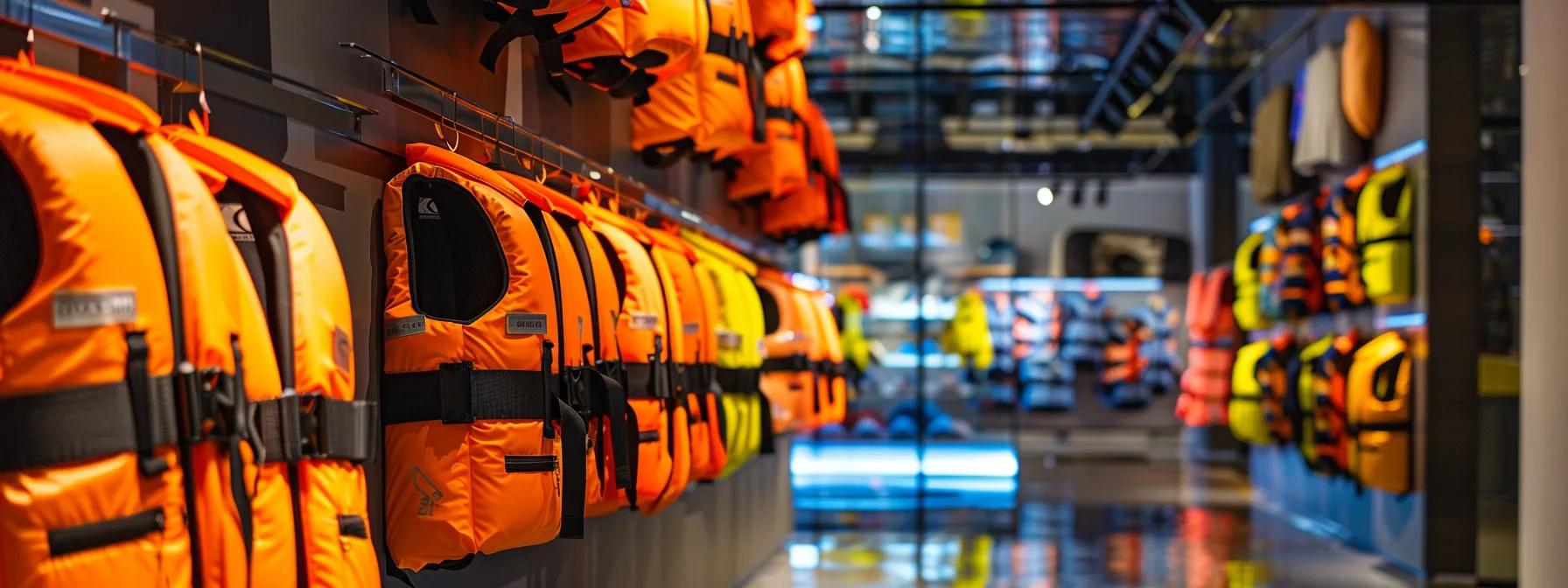 a vibrant display of various life vests, showcasing their adjustable straps and high-visibility colors, is set against a sleek, modern indoor outfitting area, highlighting the importance of selecting the right fit for water safety.