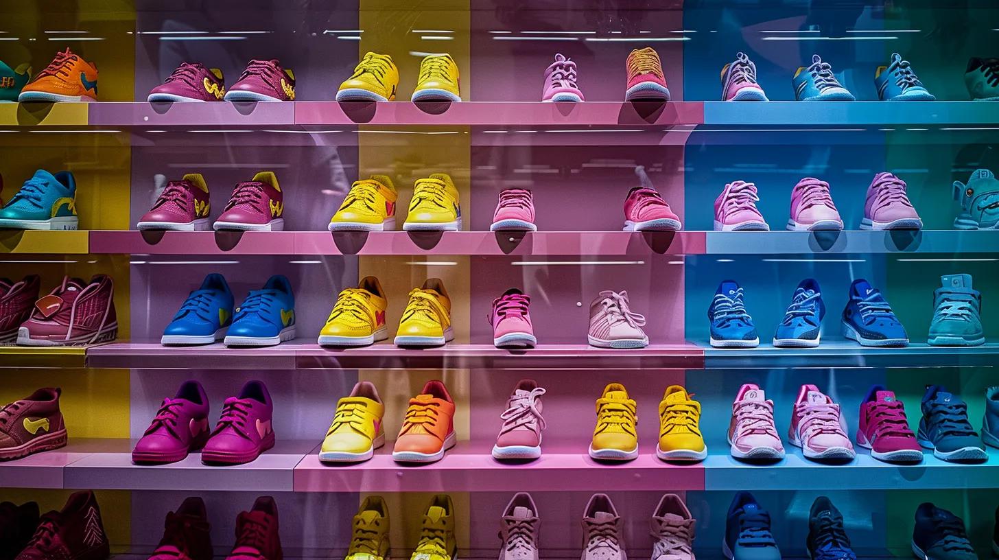 a vibrant display of colorful children's shoes neatly arranged on a modern showroom shelf, highlighting their quality and innovative designs in a bright, well-lit retail environment. a vibrant display of colorful children's shoes neatly arranged on a modern showroom shelf, highlighting their quality and innovative designs in a bright, well-lit retail environment.