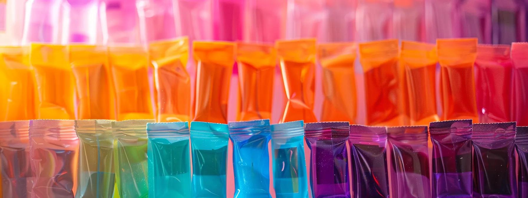 a vibrant display of colorful electrolyte powder packets arranged artistically against a fresh, energetic backdrop, symbolizing the various benefits of hydration and nutrition they offer.