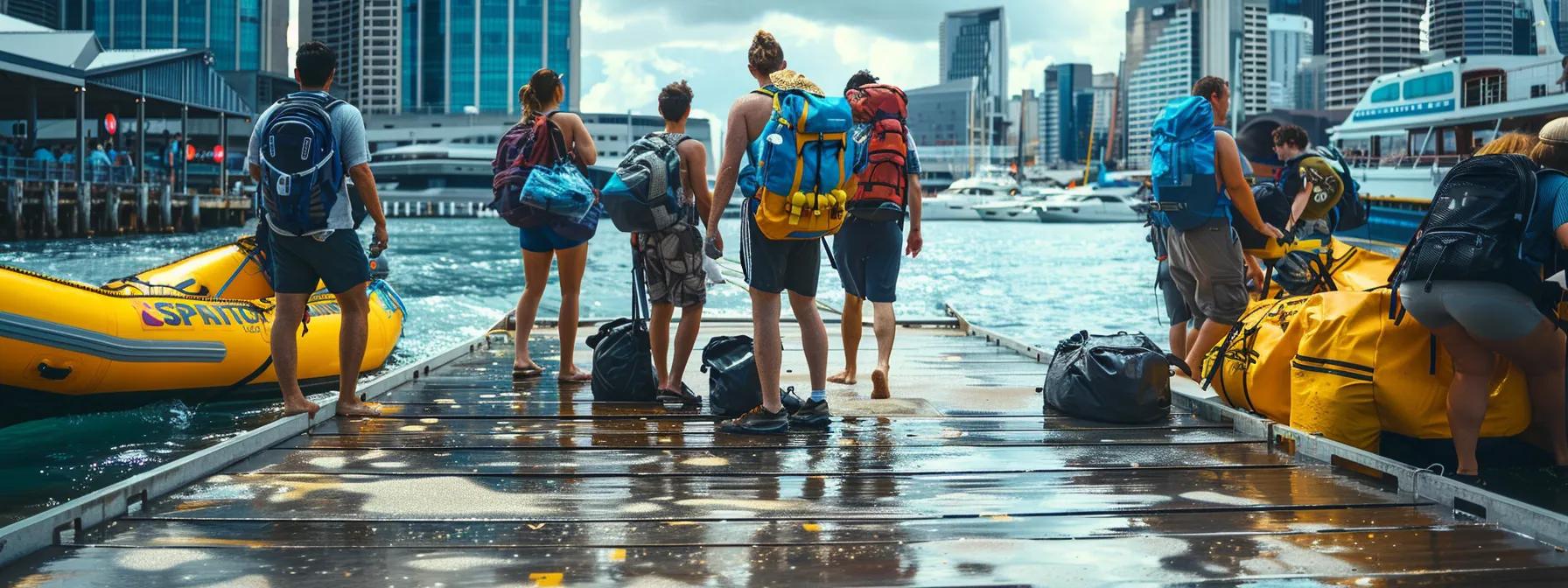 a vibrant, dynamic scene captures a group of adventurers in a bustling urban setting, confidently stepping onto a dock with durable water shoes and securely packed dry bags, showcasing their preparedness for a thrilling day of water activities.
