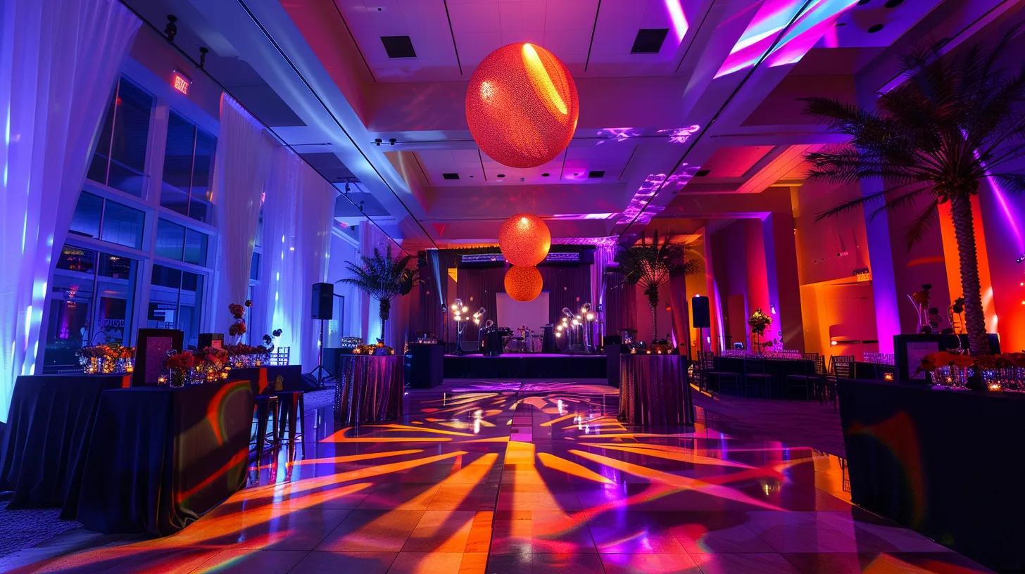 a vibrant, expertly arranged indoor event space showcases an elegant celebration setup, featuring professionally managed lighting and decorations that instill both glamour and a sense of safety for attendees.