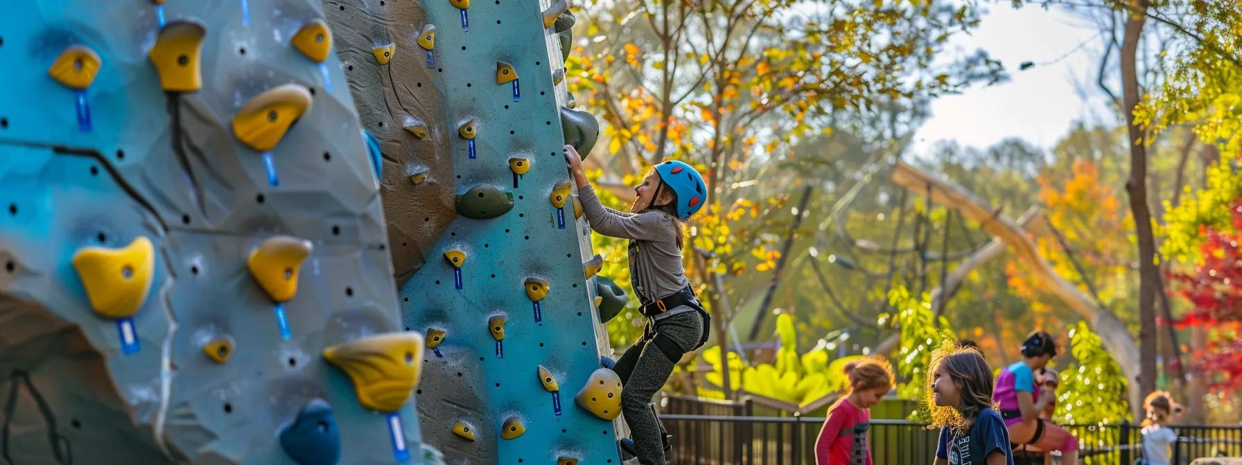 a vibrant family enjoying a thrilling outdoor adventure together, navigating a challenging climbing wall at an adventure park in blue ridge, ga, surrounded by dynamic artificial landscapes and energy-filled atmosphere. a vibrant family enjoying a thrilling outdoor adventure together, navigating a challenging climbing wall at an adventure park in blue ridge, ga, surrounded by dynamic artificial landscapes and energy-filled atmosphere.