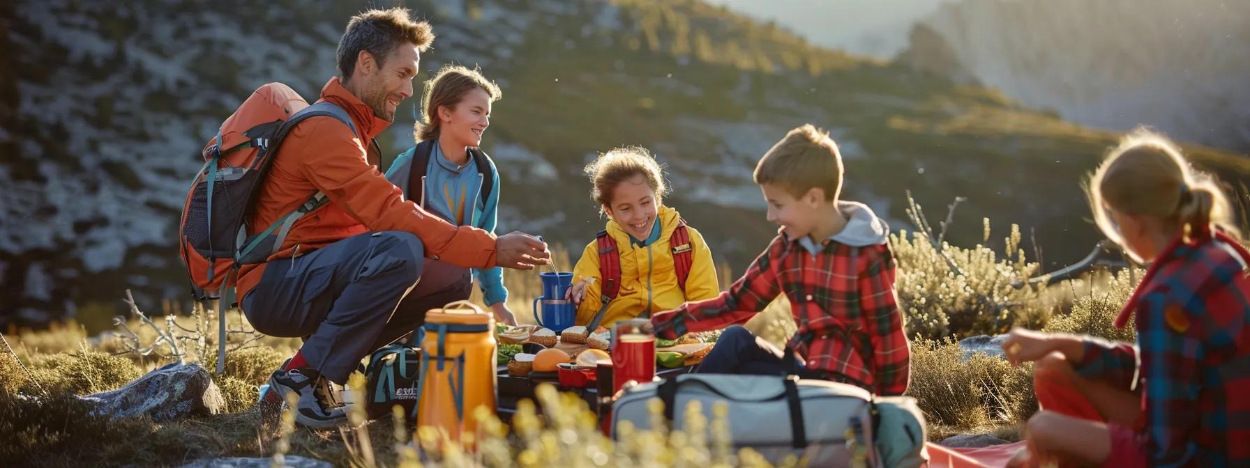 a vibrant family gathered around a well-organized picnic setup on a hiking trail, surrounded by rugged terrain and equipped with colorful gear, showcasing their preparation for a successful outdoor adventure. a vibrant family gathered around a well-organized picnic setup on a hiking trail, surrounded by rugged terrain and equipped with colorful gear, showcasing their preparation for a successful outdoor adventure.