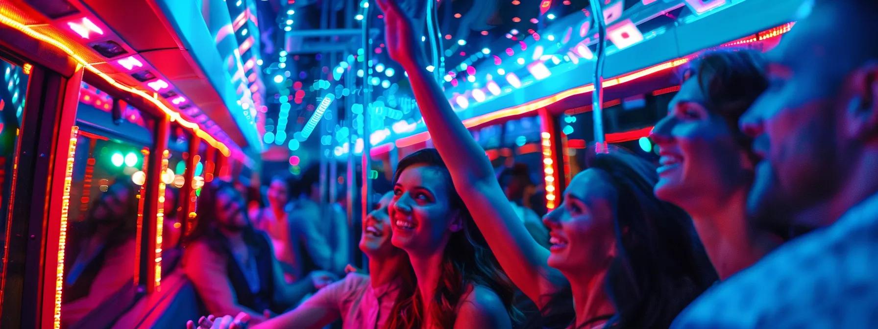 a vibrant, illuminated party bus interior showcases excited guests enjoying their ride, with ambient lighting creating an energetic atmosphere, emphasizing seamless communication with the driver in a stylish urban setting. a vibrant, illuminated party bus interior showcases excited guests enjoying their ride, with ambient lighting creating an energetic atmosphere, emphasizing seamless communication with the driver in a stylish urban setting.