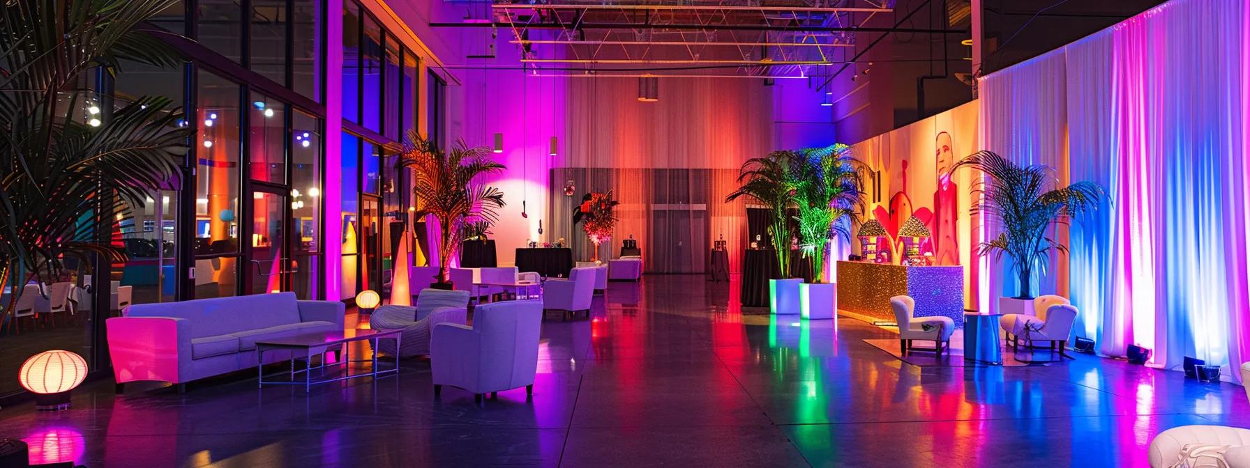 a vibrant indoor party venue in laval showcases a lively gathering space adorned with colorful decorations and engaging lighting, perfect for celebrating events like birthdays and casual corporate get-togethers.
