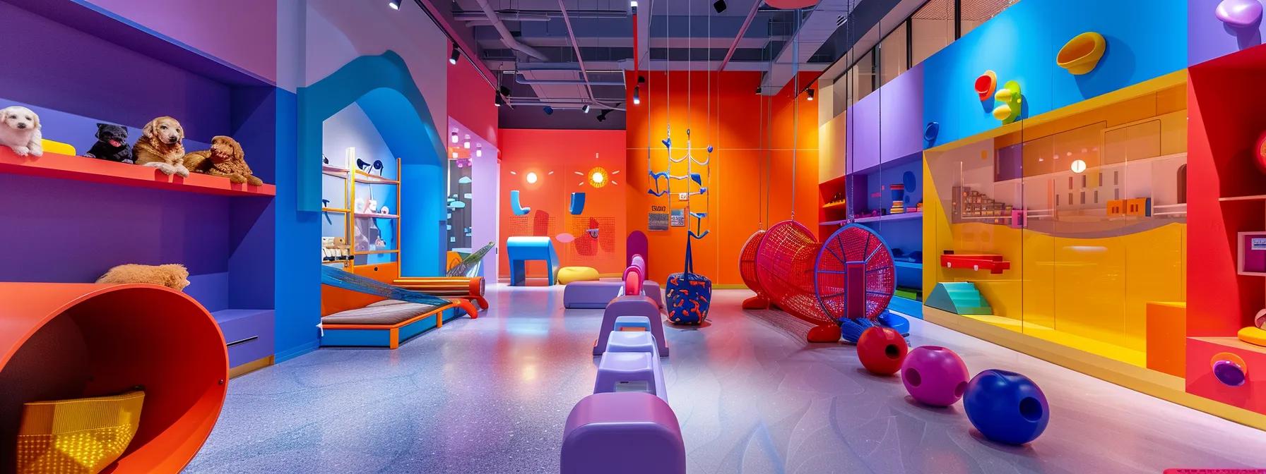 a vibrant indoor play area showcases an enthusiastic dog engaging with a high-tech interactive fetch toy, surrounded by colorful training equipment and playful decor, emphasizing the dynamic integration of modern toys in a balanced play routine. a vibrant indoor play area showcases an enthusiastic dog engaging with a high-tech interactive fetch toy, surrounded by colorful training equipment and playful decor, emphasizing the dynamic integration of modern toys in a balanced play routine.