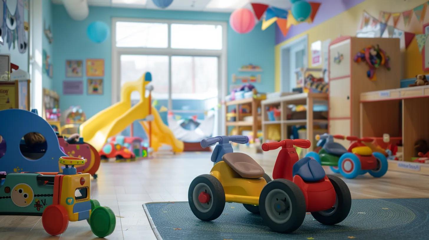 a vibrant indoor playroom filled with joyful toddlers expertly balancing on brightly coloured baby trikes, fostering social interaction and coordination amidst playful decorations and engaging learning toys.