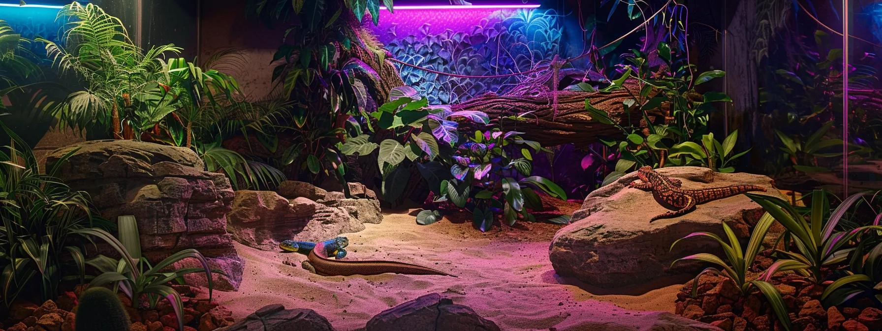 a vibrant indoor reptile habitat is illuminated by a high-intensity uva light, showcasing colorful reptiles basking under the glow, highlighting their active behavior and enhanced visual clarity in a meticulously designed enclosure. a vibrant indoor reptile habitat is illuminated by a high-intensity uva light, showcasing colorful reptiles basking under the glow, highlighting their active behavior and enhanced visual clarity in a meticulously designed enclosure.