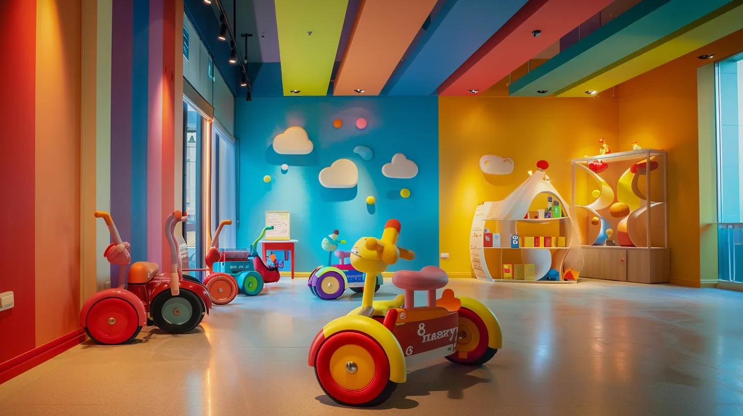 a vibrant indoor setting showcases a diverse selection of colourful baby tricycles arranged around a playful, child-friendly space, emphasising safety features and ergonomic design for developmental support, with soft, inviting lighting enhancing the cheerful atmosphere.