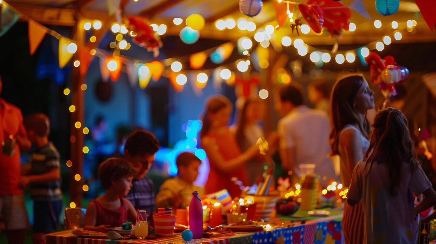 a vibrant indoor summer gathering features families celebrating the 4th of july with colorful decorations, festive lights, and an array of creative, safe activities, capturing the spirit of the holiday without fireworks.