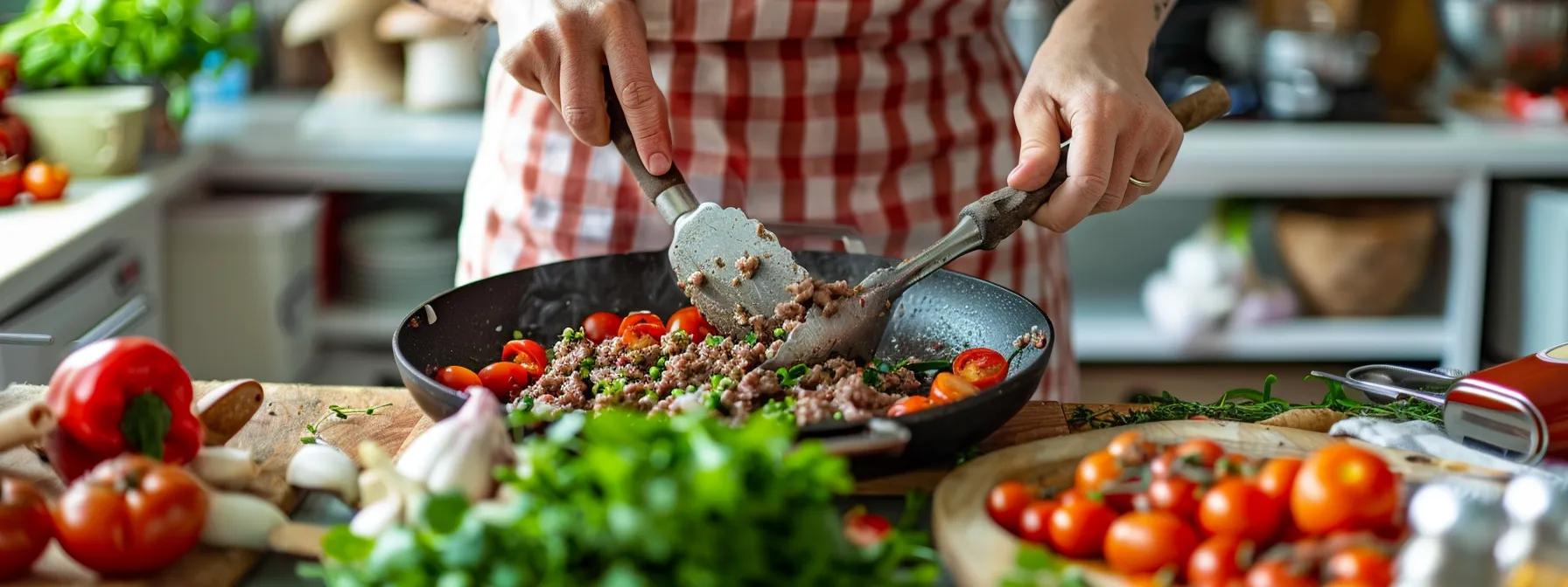 a vibrant kitchen scene showcases a skilled chef expertly preparing a colorful ground beef dish, featuring fresh vegetables and lean ingredients artfully arranged, emphasizing a nutritious and modern approach to healthy cooking. a vibrant kitchen scene showcases a skilled chef expertly preparing a colorful ground beef dish, featuring fresh vegetables and lean ingredients artfully arranged, emphasizing a nutritious and modern approach to healthy cooking.