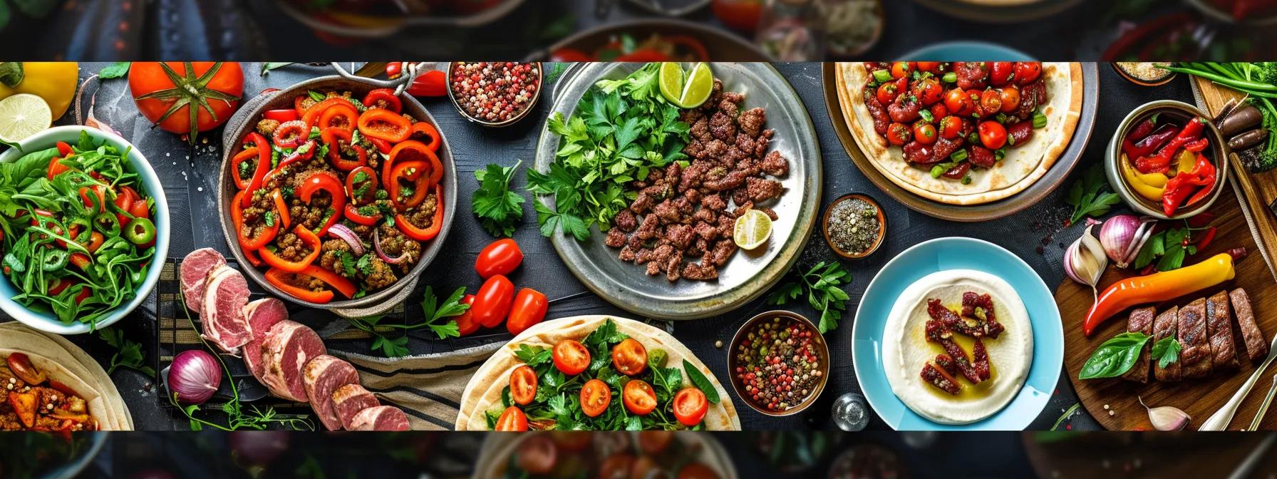 a vibrant kitchen setting showcases a beautifully arranged array of international ground beef dishes, highlighting diverse cultural flavors with colorful spices and garnishes elegantly displayed around traditional serving plates. a vibrant kitchen setting showcases a beautifully arranged array of international ground beef dishes, highlighting diverse cultural flavors with colorful spices and garnishes elegantly displayed around traditional serving plates.