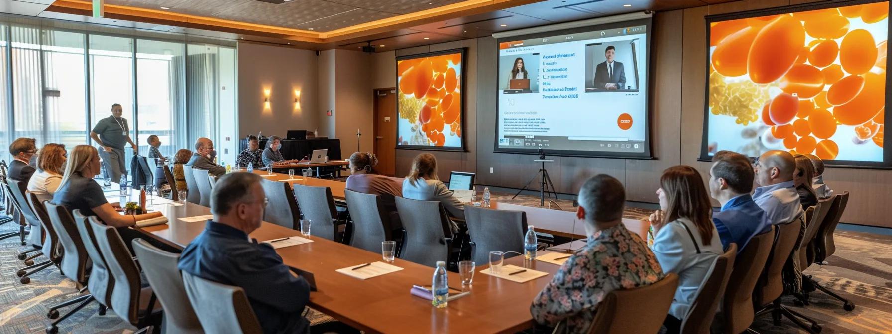 a vibrant media conference room features a large screen displaying an engaging presentation on allergy prevention strategies, surrounded by attentive professionals deep in discussion and collaborating on strategic plans.