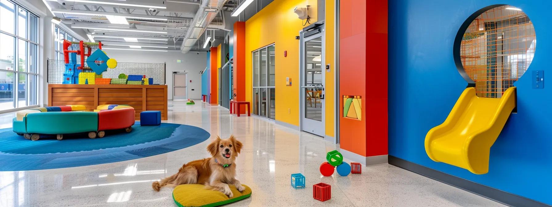 a vibrant, modern indoor pet training facility showcases an enthusiastic dog engaging with an interactive fetch toy, surrounded by colorful play equipment that highlights the importance of mental stimulation and exercise for pets. a vibrant, modern indoor pet training facility showcases an enthusiastic dog engaging with an interactive fetch toy, surrounded by colorful play equipment that highlights the importance of mental stimulation and exercise for pets.