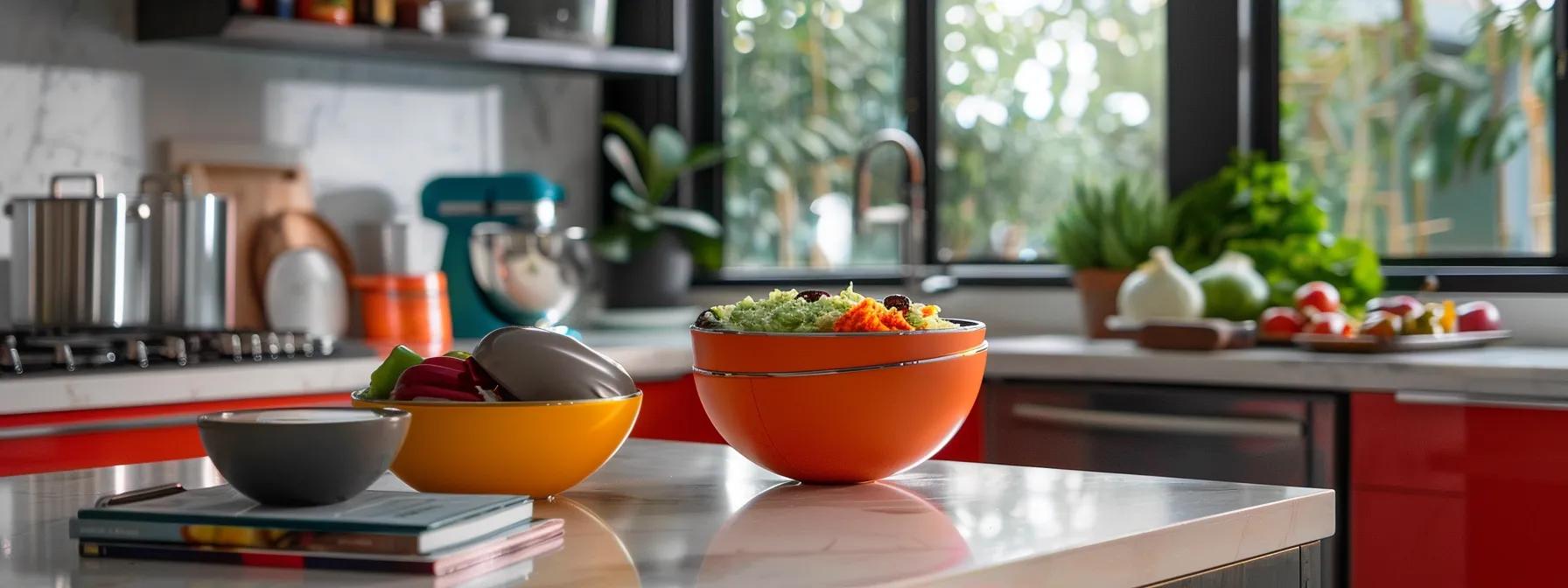 a vibrant, modern kitchen showcases a stylish bowl filled with colorful freeze-dried dog food, surrounded by sleek storage containers and pet care books, highlighting the nutritional benefits and convenience for pet owners.