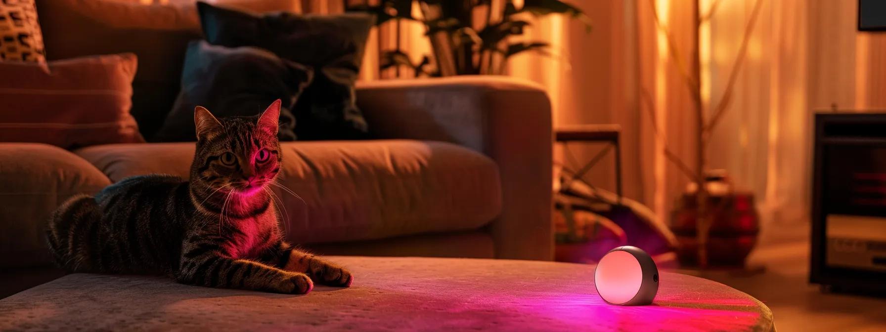 a vibrant, modern living room scene captures an engaged cat chasing a bright laser dot projected from a stylish, high-tech laser toy, with clear safety features visible on the sleek device, emphasizing playful interaction while maintaining a sense of care and supervision. a vibrant, modern living room scene captures an engaged cat chasing a bright laser dot projected from a stylish, high-tech laser toy, with clear safety features visible on the sleek device, emphasizing playful interaction while maintaining a sense of care and supervision.