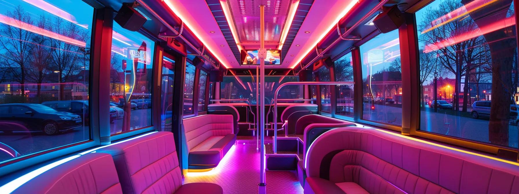 a vibrant, modern party bus interior, showcasing stylish seating and mood lighting, set against an urban backdrop visible through the large windows, highlights the excitement of booking the perfect party experience. a vibrant, modern party bus interior, showcasing stylish seating and mood lighting, set against an urban backdrop visible through the large windows, highlights the excitement of booking the perfect party experience.