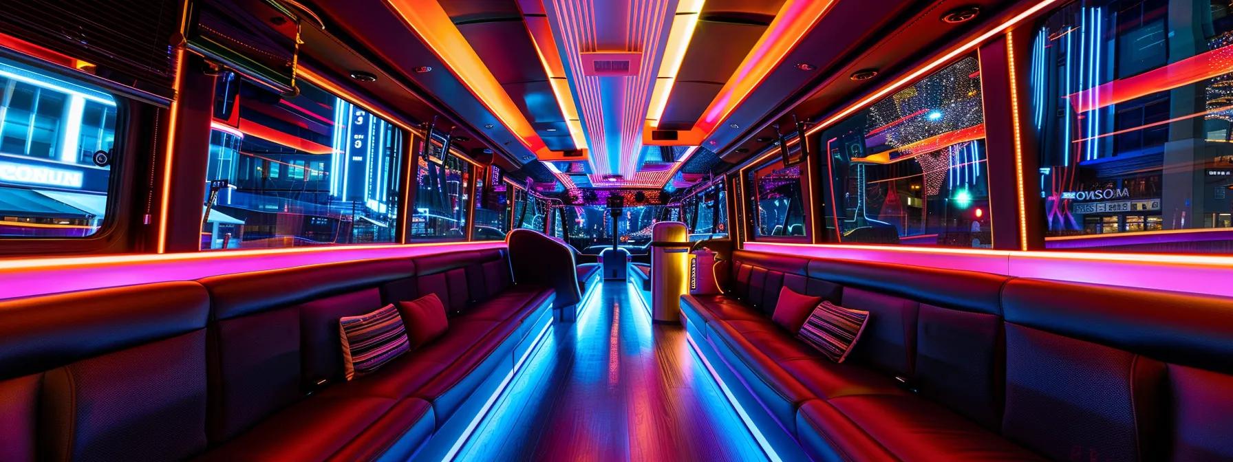 a vibrant, modern party bus interior, featuring plush seating and colorful ambient lighting, set against a lively urban backdrop at night, emphasizes the excitement and luxury of choosing the perfect rental package for a memorable celebration. a vibrant, modern party bus interior, featuring plush seating and colorful ambient lighting, set against a lively urban backdrop at night, emphasizes the excitement and luxury of choosing the perfect rental package for a memorable celebration.