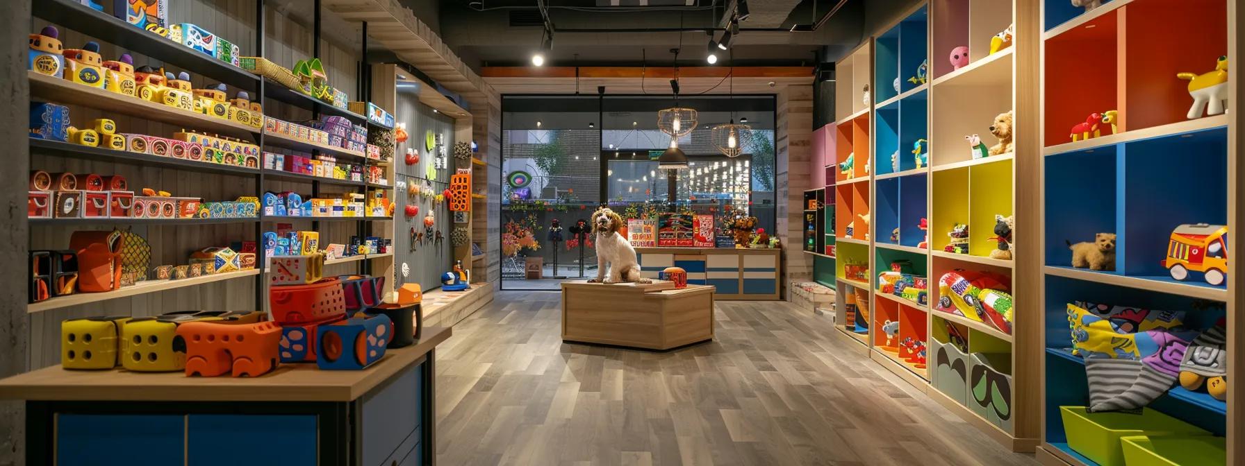 a vibrant, modern pet store interior showcases a variety of colorful dog puzzle toys on sleek display shelves, highlighting their engaging designs while a joyful dog interacts with a toy, symbolizing cognitive stimulation and mental wellness. a vibrant, modern pet store interior showcases a variety of colorful dog puzzle toys on sleek display shelves, highlighting their engaging designs while a joyful dog interacts with a toy, symbolizing cognitive stimulation and mental wellness.