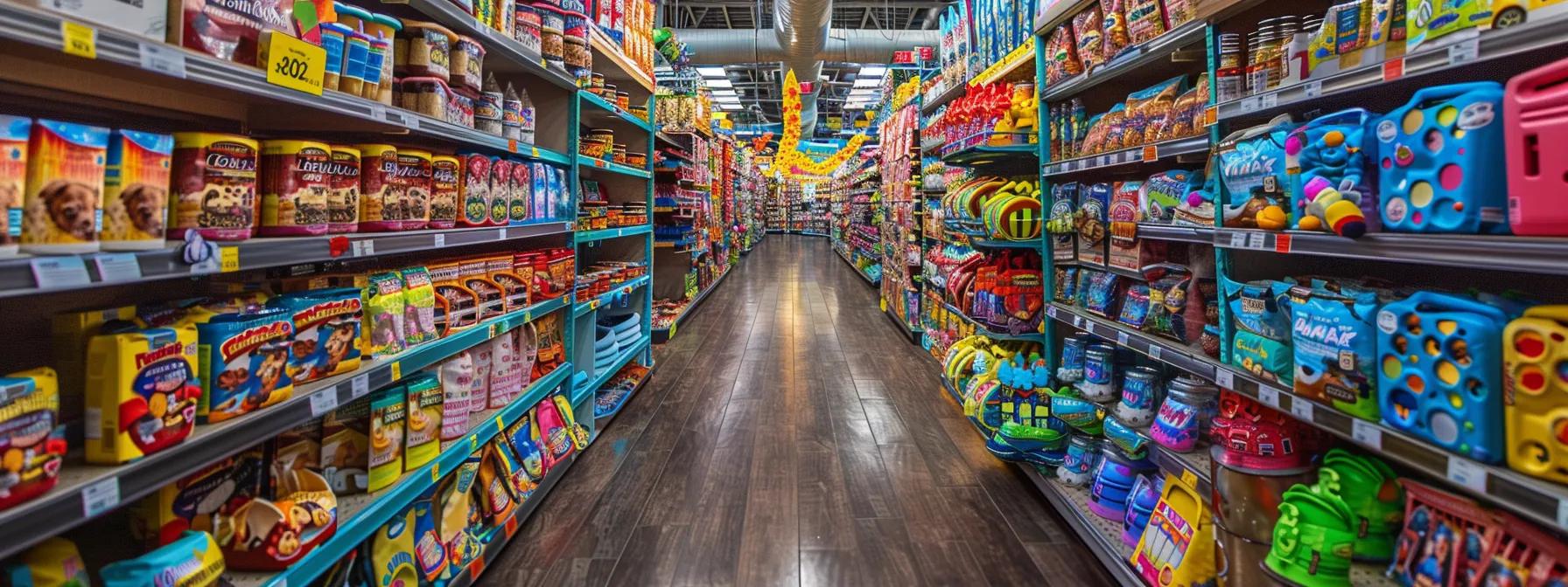a vibrant, neatly organized pet store aisle showcases a diverse array of colorful dog puzzle toys, each designed to engage and challenge dogs of various sizes and intelligence levels. a vibrant, neatly organized pet store aisle showcases a diverse array of colorful dog puzzle toys, each designed to engage and challenge dogs of various sizes and intelligence levels.