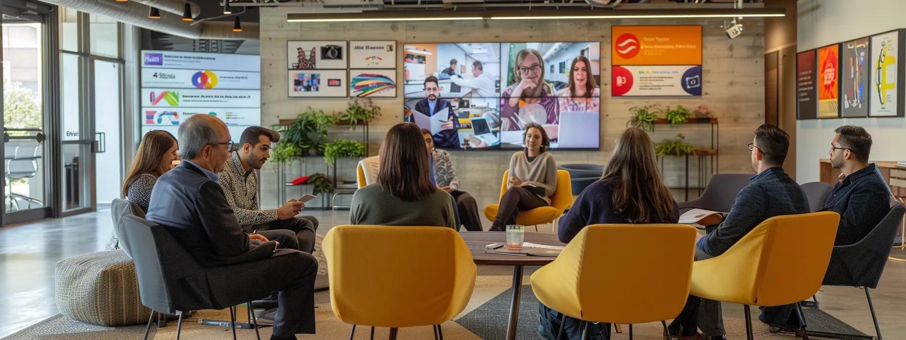 a vibrant office environment features a diverse group of professionals engaged in a lively brainstorming session, surrounded by screens displaying local tv channel logos and allergy awareness campaign graphics, emphasizing the strategic collaboration for health outreach.