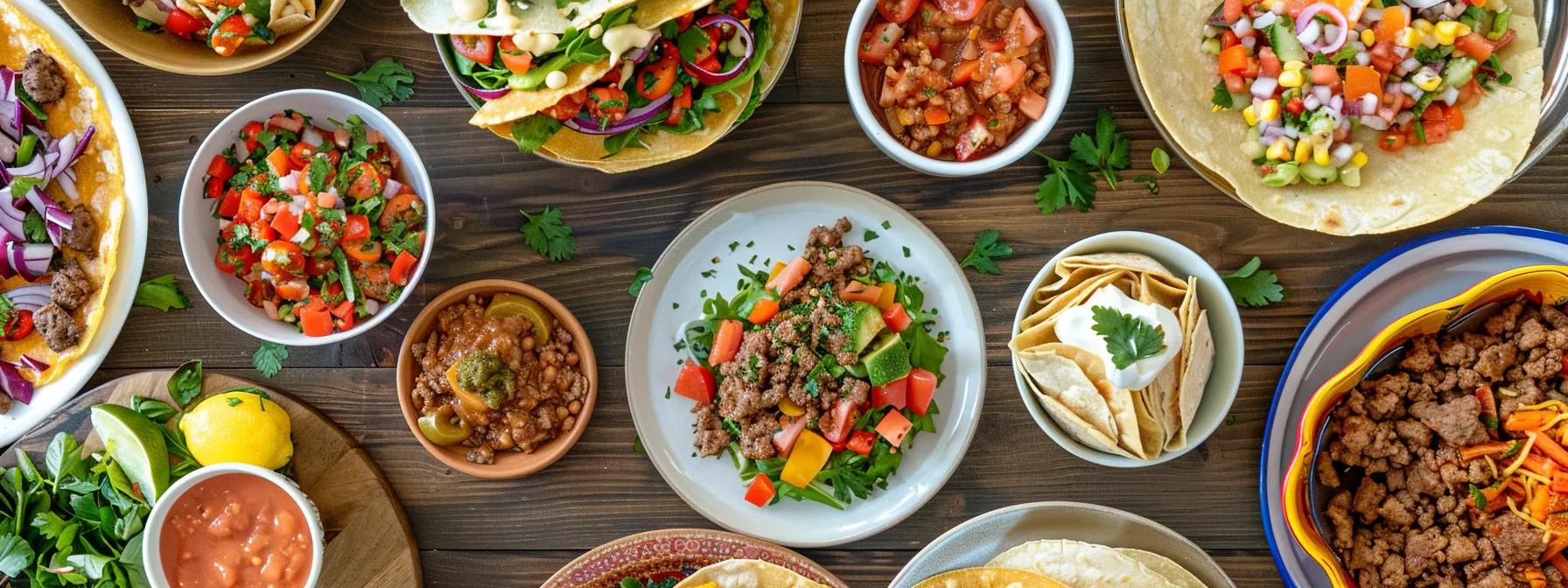 a vibrant, overhead shot of a bustling international kitchen showcasing a colorful array of ground beef dishes from various cultures, including spicy mexican tacos, rich italian bolognese, and aromatic asian stir-fries, all artfully arranged on modern, elegant plates. a vibrant, overhead shot of a bustling international kitchen showcasing a colorful array of ground beef dishes from various cultures, including spicy mexican tacos, rich italian bolognese, and aromatic asian stir-fries, all artfully arranged on modern, elegant plates.