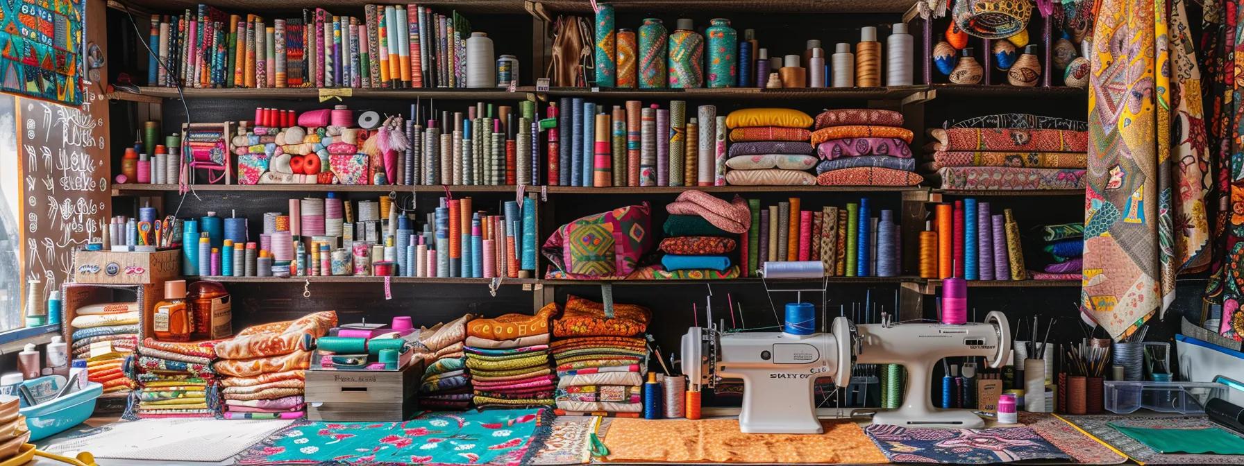 a vibrant patchwork studio filled with neatly arranged essential tools like fabric scissors, a rotary cutter, and a sewing machine, surrounded by a diverse selection of colorful pre-washed cotton fabrics showcasing intricate patterns, all captured under soft, focused lighting that highlights the creative workspace.