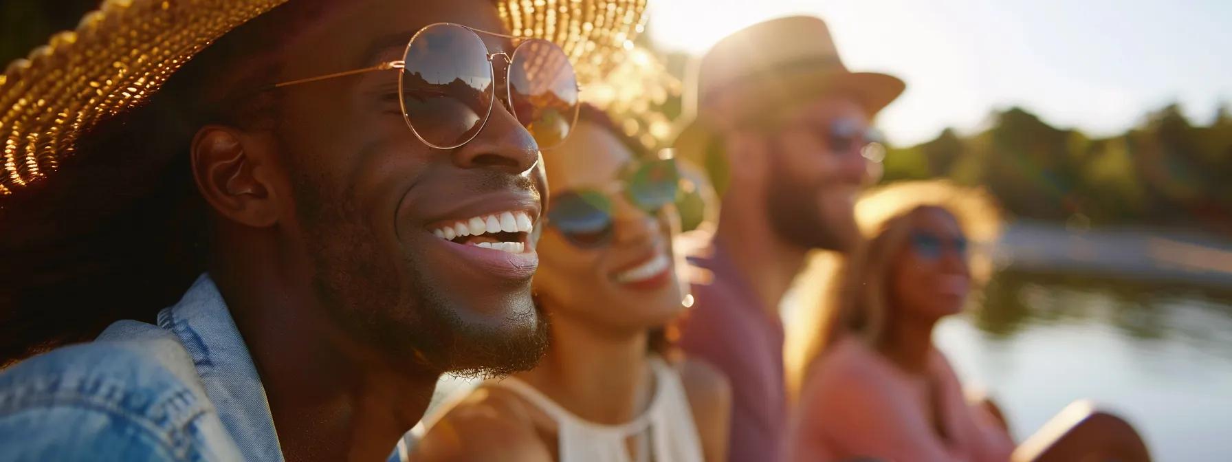 a vibrant riverside setting captures a group of individuals enjoying the sun while donning wide-brimmed hats, uv-protective sunglasses, and lightweight long-sleeved shirts, emphasizing the importance of sun safety through their careful preparation and relaxed demeanor.