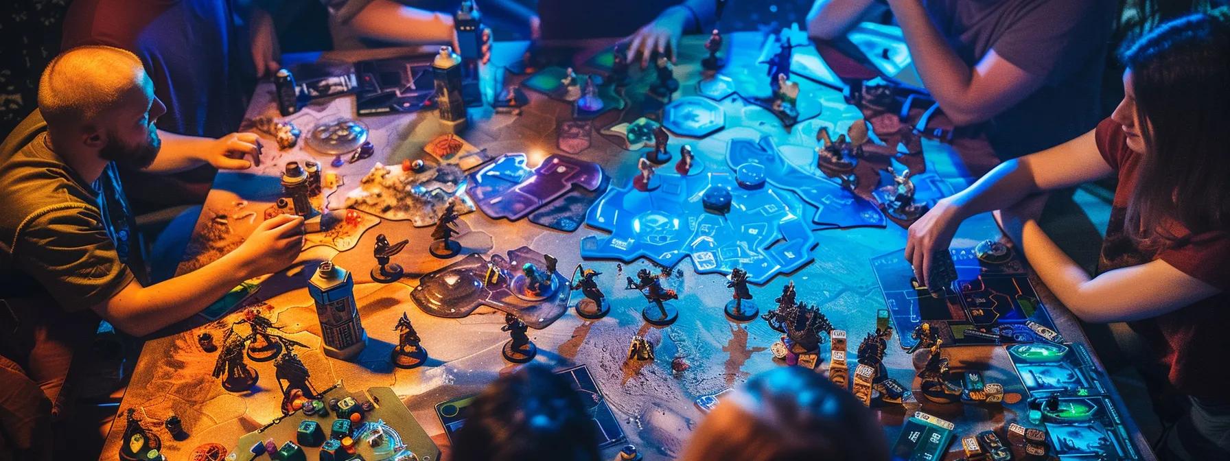 a vibrant tabletop gaming setting filled with diverse colorful game boards, intricate miniatures, and animated players engaged in strategy discussions, illuminated by dynamic overhead studio lighting to highlight the excitement and creativity of gameplay.