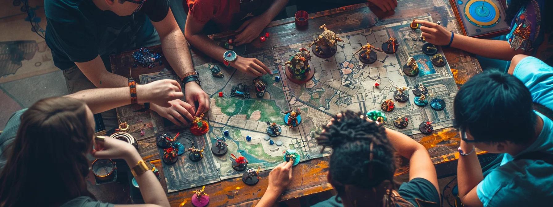 a vibrant tabletop scene depicting a diverse group of friends intensely engaged in a dynamic dungeons & dragons session, surrounded by colorful character sheets, intricate miniature figures, and imaginative fantasy-themed decor.