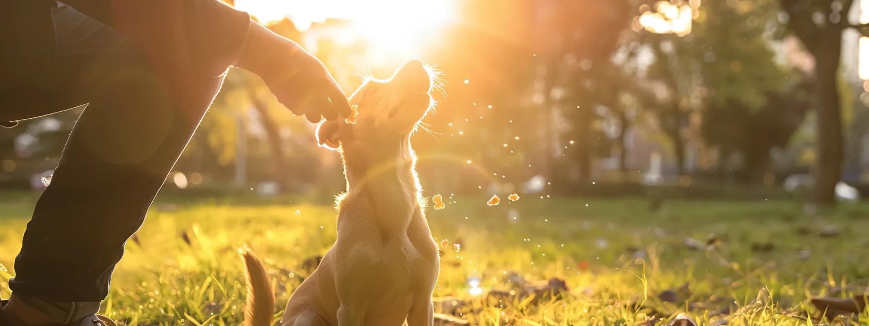 a vibrant urban dog training session unfolds in a sunlit park, showcasing a focused dog eagerly receiving a freeze-dried liver treat from a trainer, highlighting the bond and energy of healthy reinforcement in pet care. a vibrant urban dog training session unfolds in a sunlit park, showcasing a focused dog eagerly receiving a freeze-dried liver treat from a trainer, highlighting the bond and energy of healthy reinforcement in pet care.
