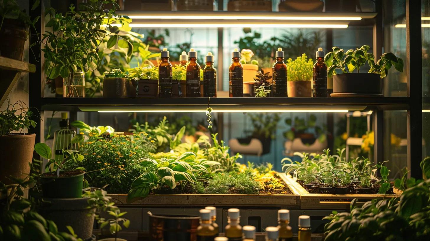 a vibrant urban garden workspace showcases an array of companion plants like basil, dill, and marigold artfully arranged alongside chic insect repellent bottles, illuminated by soft overhead lighting to emphasize the synergy between organic gardening practices and sustainable pest management.